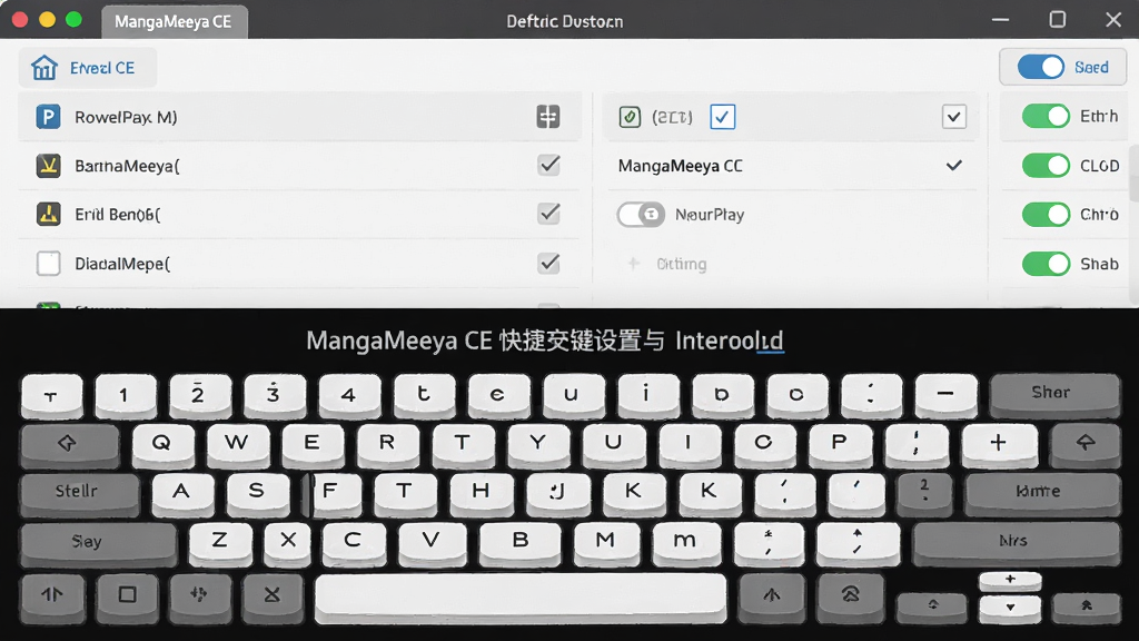 一幅展示 MangaMeeya CE 快捷键设置与界面自定义的示意图,主体为软件设置面板与键盘按键示意,布局采用上下结构构图,排版上上方为设置选项列表下方为键盘映射图,风格为简洁的软件配置界面风格,细节包括快捷键图标、勾选框、界面元素开关,画质清晰干净无多余元素