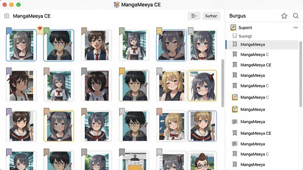 一幅展示 MangaMeeya CE 书签管理与缩略图浏览功能的示意图,主体为软件界面中的缩略图网格与书签标记,布局采用网格排列构图,排版上左侧为缩略图面板右侧为书签列表,风格为清爽的图片管理界面风格,细节包括书签图标、缩略图边框、排序按钮,画质清晰干净无多余元素