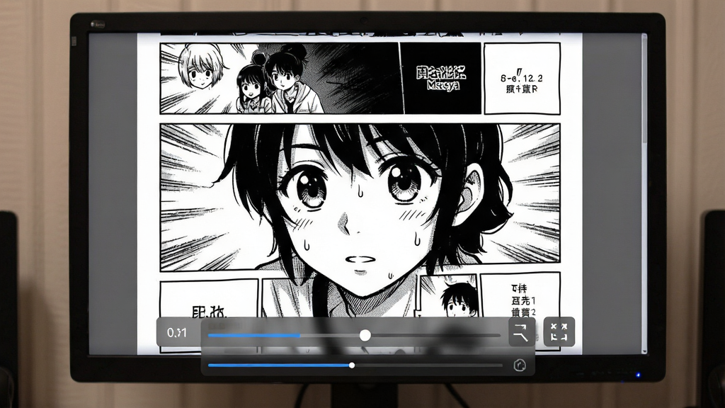 一幅展示 MangaMeeya CE 在电脑上全屏阅读漫画的示意图,主体为全屏显示的漫画页面与底部半透明工具栏,布局采用全屏构图,排版上画面中央为漫画内容底部有翻页进度条,风格为沉浸式阅读界面风格,细节包括页码指示、缩放比例、全屏图标,画质清晰干净无多余元素