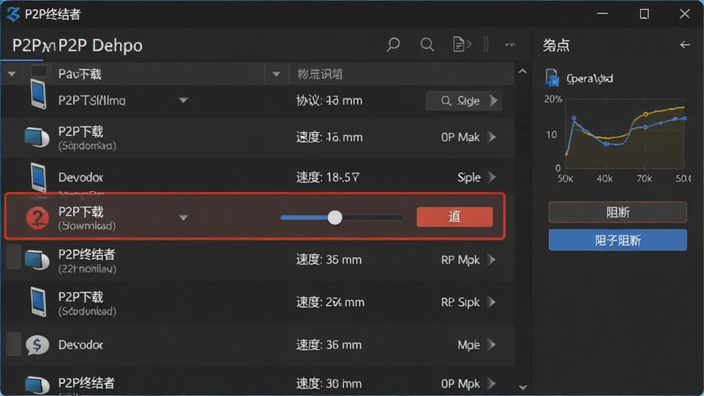 一张展示P2P终结者识别并限制P2P下载的界面图,画面中软件列表里某台设备被标记为“P2P下载”,旁边显示限速滑块和阻断按钮,主体为软件操作界面,布局为列表加侧边栏,风格为实用工具风格,细节包括协议名称、速度曲线、操作按钮,画质高清,干净,无多余元素