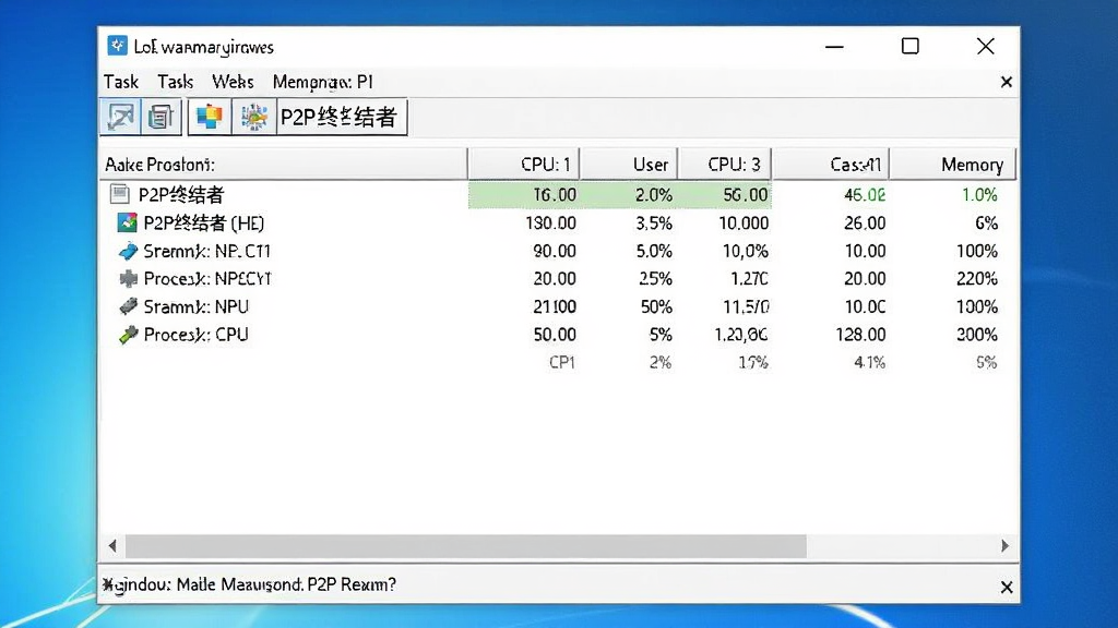 一张展示P2P终结者在Windows电脑上运行时的任务管理器截图,画面中软件进程占用CPU和内存较低,主体为任务管理器窗口,布局为列表,风格为系统原生界面,细节包括进程名称、CPU使用率、内存占用,画质清晰,干净,无多余元素