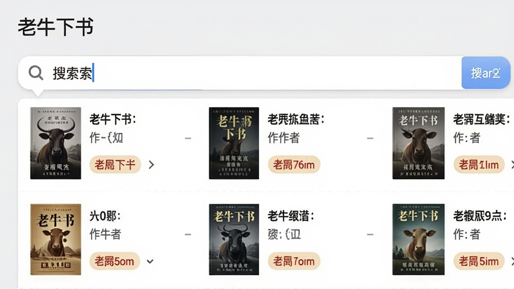 展示“老牛下书”搜索界面,主体为搜索框输入关键词后弹出多列书籍结果列表,每本书显示封面缩略图、书名、作者、格式标签,背景为浅灰色极简风格,布局整齐,画质干净清晰