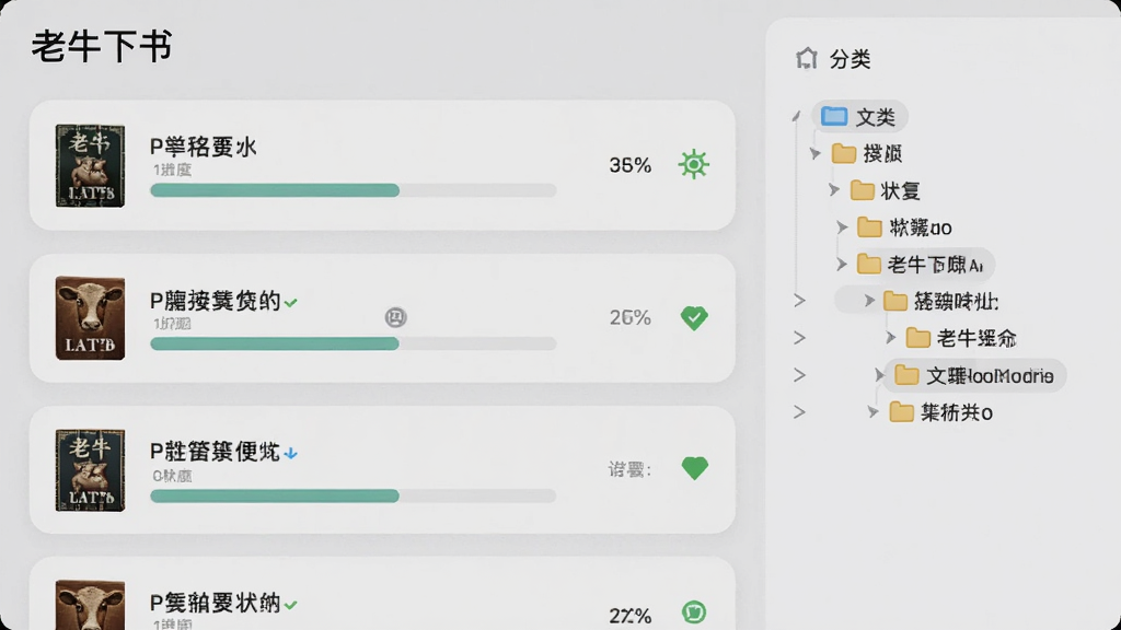 呈现“老牛下书”批量下载管理面板,画面中有多个下载任务卡片纵向排列,每个卡片显示书名、进度百分比和状态图标,右侧为分类文件夹树状图,整体采用柔和圆角卡片设计,画质清晰干净