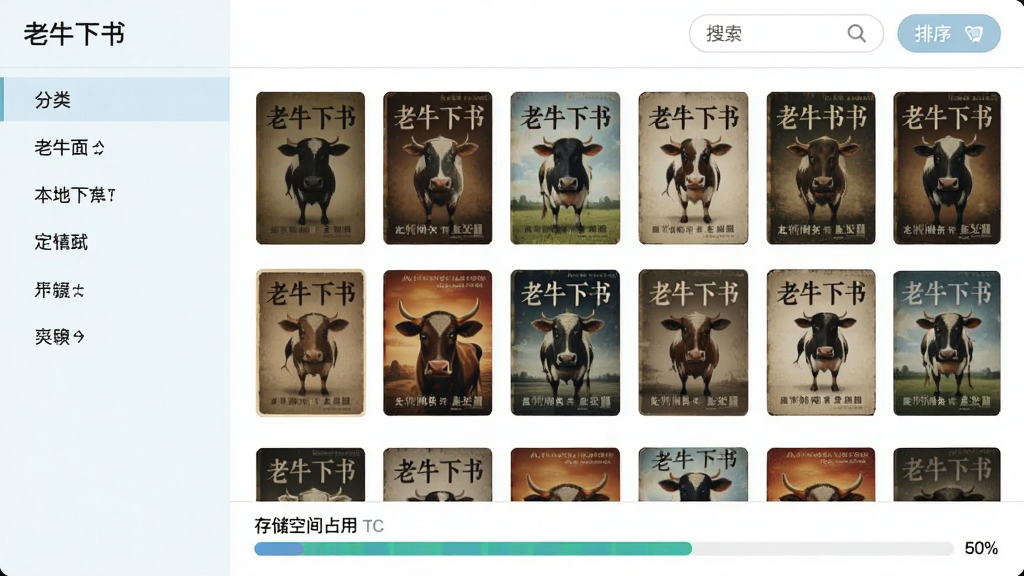 展示“老牛下书”本地书库管理界面,左侧为标签分类栏,右侧为书籍封面墙,顶部有搜索和排序按钮,底部显示存储空间占用条,风格为清爽浅色系,画质干净无杂乱元素