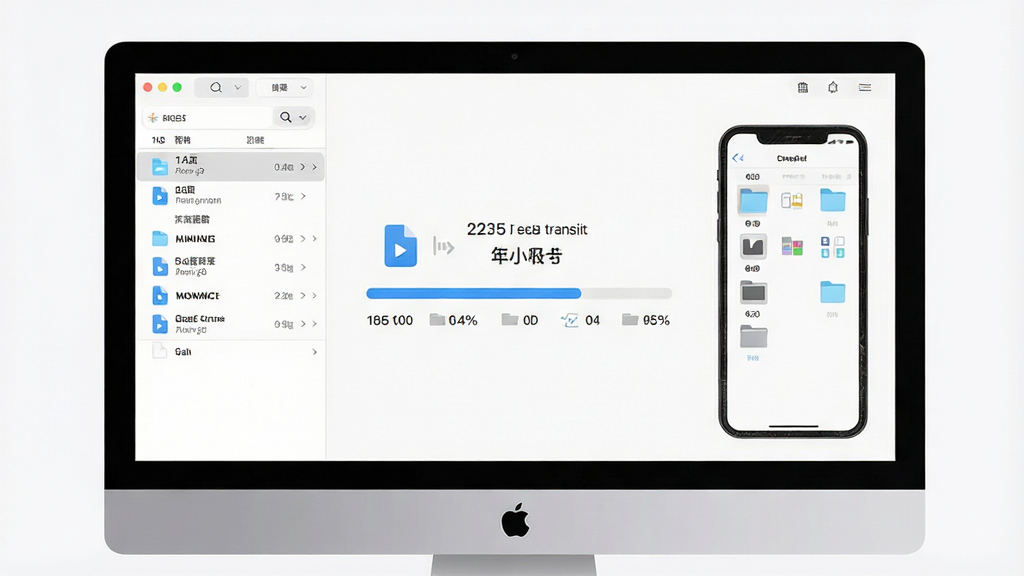 一张展示爱方格手机助手文件传输功能的图片,主体是电脑屏幕显示文件拖拽传输进度条,布局为左右两栏左侧电脑文件列表右侧手机文件夹目录,排版整齐,风格为现代简约风,细节包括传输速度数值、进度百分比、文件类型图标,画质高清,干净无多余元素