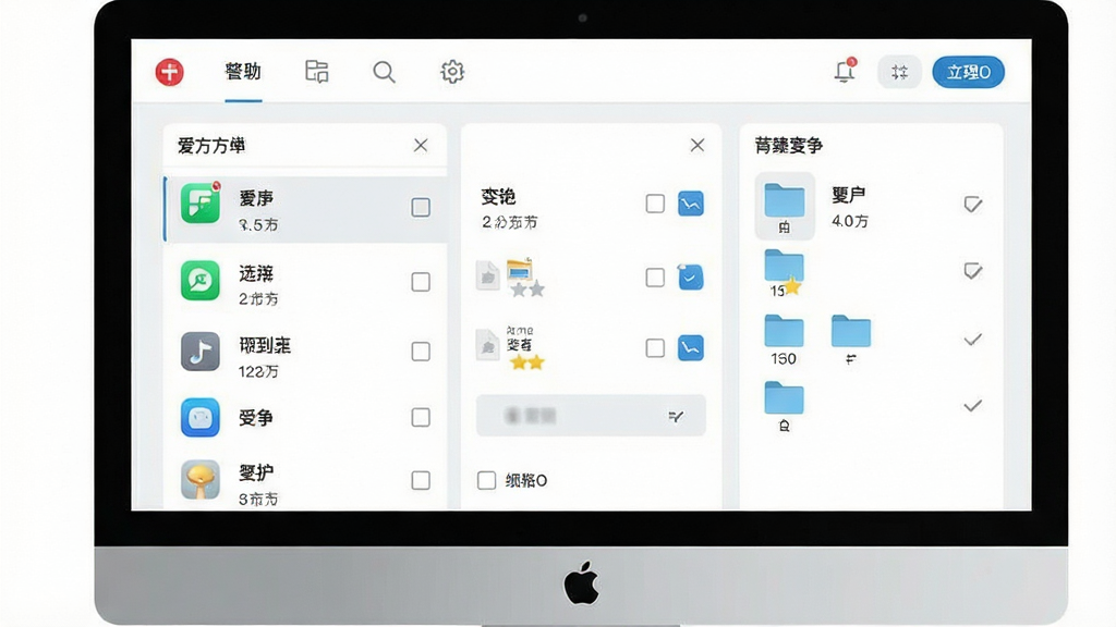 一张展示爱方格手机助手连接手机后管理界面的图片,主体是电脑屏幕显示手机中的应用列表和文件分类,布局为顶部功能导航栏下方内容展示区,排版整齐,风格为清爽浅色系UI,细节包括应用图标、文件大小数值、复选框、操作按钮,画质高清,干净无多余元素