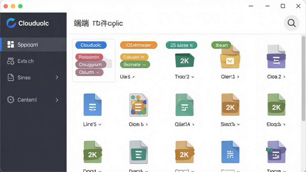 一张端端(Clouduolc)智能文件分类功能的界面截图风格图片,主体为软件窗口内展示彩色标签和文件缩略图网格,布局为左侧导航栏加右侧内容区,排版整齐,风格为清爽扁平化UI设计,细节包括不同颜色的标签条、放大镜搜索图标、文件类型图标,画质为2K清晰,画面干净,无多余元素