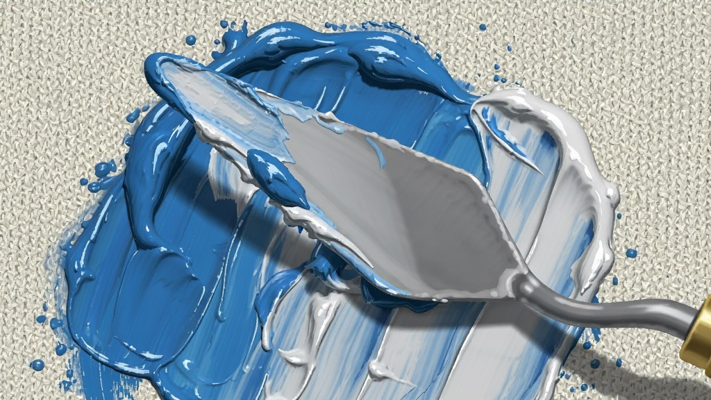 数字绘画软件中油画颜料在画布上堆积的局部特写,画面主体是一把调色刀正在刮开厚重的蓝色与白色颜料,颜料边缘呈现立体厚度与光泽,背景是带有明显纹理的画布,风格写实,细节丰富,画质清晰干净,无多余元素