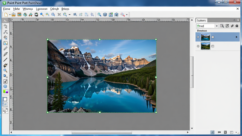 一张展示 Paint.NET 软件主界面的详细画面,主体是打开后的 Paint.NET 编辑窗口,布局为中央画布显示一张正在编辑的风景照片,左侧是工具栏图标,右侧是图层和图层面板,顶部是菜单栏与快捷按钮,风格为写实的电脑屏幕截图风,细节包括菜单文字、图层缩略图、颜色面板、选区虚线,画质清晰干净,无多余元素