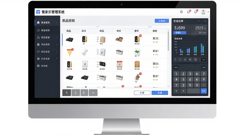 管家乐商业管理系统迷你版软件主界面预览图,主体为电脑屏幕上显示的商业管理软件操作界面,布局包含左侧功能菜单栏、中间商品列表区域、右侧收银结算面板,排版整洁有序,风格为现代简约商务风,细节包括商品图标、数字键盘、销售统计图表等元素,画质清晰干净,无多余装饰元素