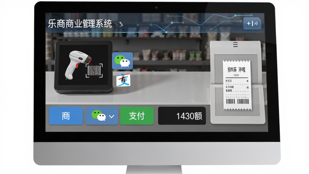 管家乐商业管理系统迷你版收银结算操作界面,主体为电脑屏幕上显示的收银台画面,布局包含商品扫码区、支付方式选择按钮、结算金额显示区和打印小票预览,排版紧凑合理,风格为现代零售科技风,细节有扫码枪图标、微信支付宝标识、数字金额,画质清晰干净,无多余装饰