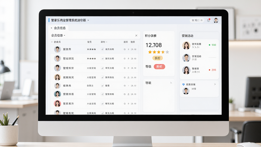 管家乐商业管理系统迷你版会员管理功能展示图,主体为电脑屏幕上的会员信息管理界面,布局包括会员列表、积分余额显示、等级标签和营销活动设置面板,排版整齐美观,风格为柔和商务风,细节有会员头像图标、星级标识、折扣数字,画质高清干净,无多余元素