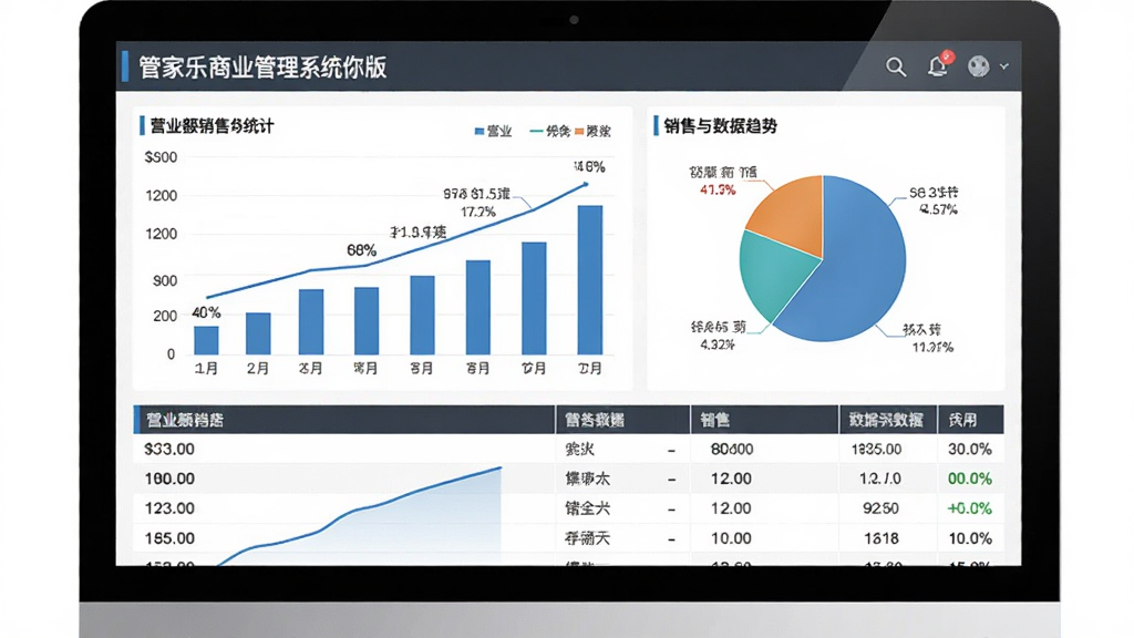管家乐商业管理系统迷你版销售数据报表界面,主体为电脑屏幕上展示的销售统计图表,布局包含柱状图、饼图和数据汇总表格,排版清晰专业,风格为数据分析商务风,细节有营业额数字、百分比标注、趋势曲线,画质高清干净,无多余元素