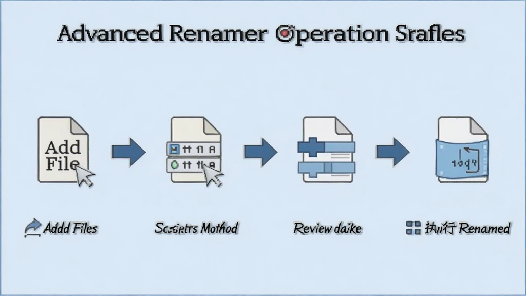 一张展示 Advanced Renamer 操作流程的示意图,画面中从左到右依次为添加文件、选择方法、预览效果、执行重命名四个步骤,每个步骤用箭头连接,背景为浅蓝色,风格为流程说明图,排版清晰,细节包含文件图标与步骤文字,画质清晰,干净,无多余元素