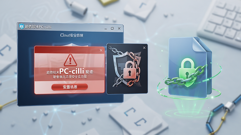 趋势科技PC-cillin云安全软件勒索病毒防护功能场景图,画面展示一个红色警告弹窗拦截了带有锁链图标的恶意程序,旁边有被保护的文件图标呈现安全状态,整体风格为写实科技风,背景简洁,画质清晰,无多余元素