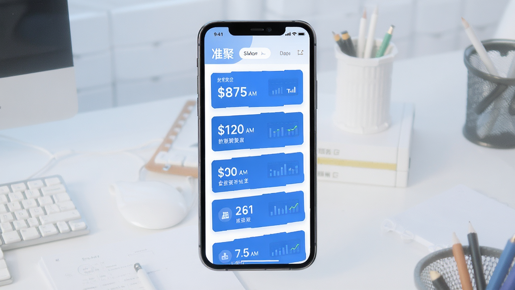 准聚 数据聚合 界面清爽 蓝色主色调 扁平化设计 手机屏幕展示 数据卡片列表 现代科技感 高清画质 干净无多余元素