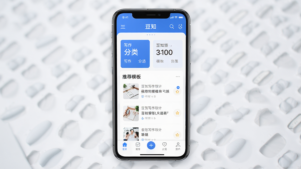 豆知写作软件主界面预览图,画面中央展示一部智能手机,手机屏幕上显示豆知写作APP的首页布局,包含写作分类卡片、推荐模板列表和底部导航栏,界面配色以蓝白为主,干净清爽,背景为浅灰色渐变,风格现代简约,细节清晰,画质高清,无多余装饰元素