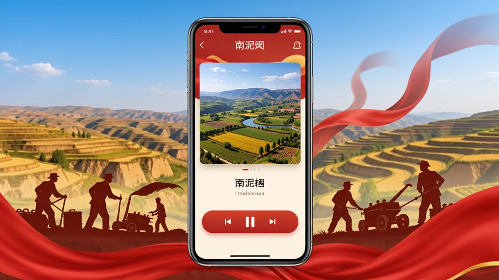 画面中央是一台智能手机,手机屏幕上显示南泥湾应用的主界面,界面中包含南泥湾风景图片和南泥湾歌曲播放按钮,手机周围环绕着南泥湾大生产运动的历史剪影和红色飘带,背景是陕北黄土高原的梯田与蓝天,整体风格庄重温暖,色彩以红色和暖黄色为主,排版整洁,画质清晰,干净,无多余元素