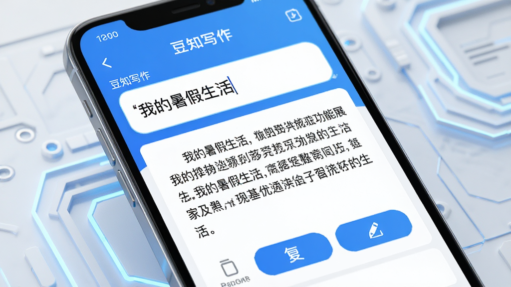 豆知写作智能生成功能展示图,画面中心为手机屏幕特写,屏幕显示豆知写作APP的智能生成界面,输入框中写着“我的暑假生活”,下方生成出一段完整的文章段落,旁边有复制和编辑按钮,界面以蓝色和白色为主色调,背景干净简洁,风格科技感十足,画质清晰,无杂乱元素