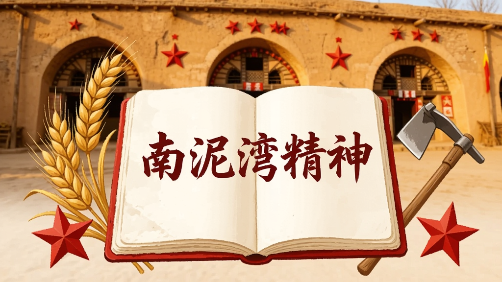 画面中央是一本打开的笔记本,笔记本上写着“南泥湾精神”字样,笔记本周围环绕着麦穗、锄头和红色五角星等元素,背景是暖色调的窑洞场景,风格简约庄重,色彩以红色、土黄和白色为主,排版居中,画质清晰,干净,无多余元素