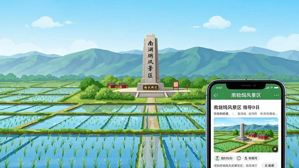画面是一张南泥湾风景区的全景照片风格插图,画面中有稻田、纪念碑和远山,前景是一部手机显示南泥湾风景区导览页面,风格明亮自然,色彩以绿色、蓝色和红色为主,排版上手机位于右下角,风景占据主体,画质清晰,干净,无多余元素
