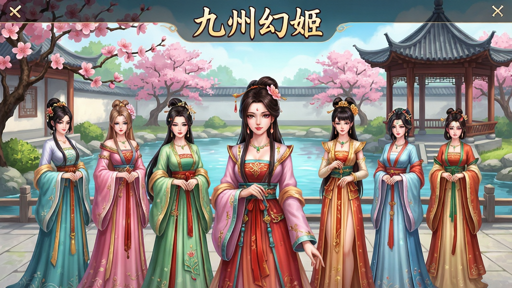 一张展示“九州幻姬”游戏主界面的截图风格图片,画面中多位古风幻姬角色排列在典雅的庭院场景中,角色服饰色彩鲜艳、细节精致,背景有桃花树与流水亭台,界面布局清晰,顶部显示游戏名称“九州幻姬”,整体风格唯美清新,画质高清,干净整洁