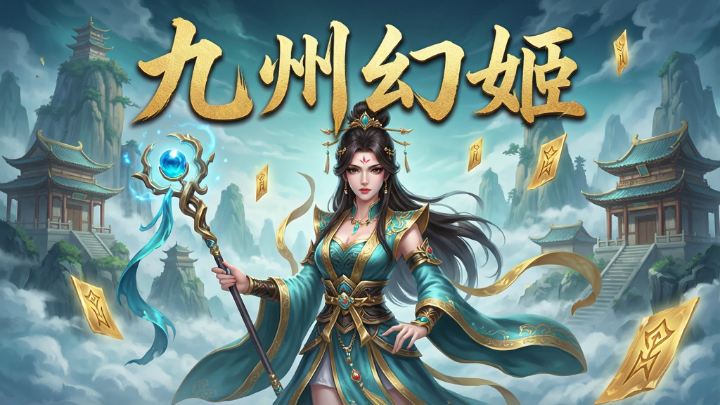 一张以东方玄幻世界为主题的手机游戏宣传图,画面中央展示一位身穿华丽古风服饰的幻姬角色,手持灵光法杖,背景是云雾缭绕的仙山楼阁与漂浮的灵符,画面上方用金色毛笔字体写着“九州幻姬”,整体采用唯美古风插画风格,色调以青蓝与金色为主,细节丰富,画质高清,干净无多余元素