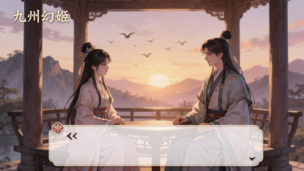 一张以“九州幻姬”剧情对话场景为主题的图片,画面中两位古风角色正在亭中对谈,背景是黄昏时分的远山与飞鸟,画面下方有对话框样式,整体风格柔和唯美,色彩温暖,画质细腻,干净无多余元素