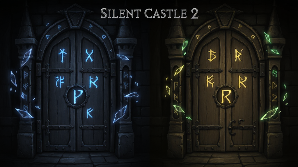 Silent Castle Ⅱ 多结局剧情选择界面,主体为两扇不同颜色的古堡大门,布局为左右对称排列,排版居中,风格为暗黑奇幻,细节包括门上有不同符号、周围漂浮发光碎片,画质高清,干净,无多余元素