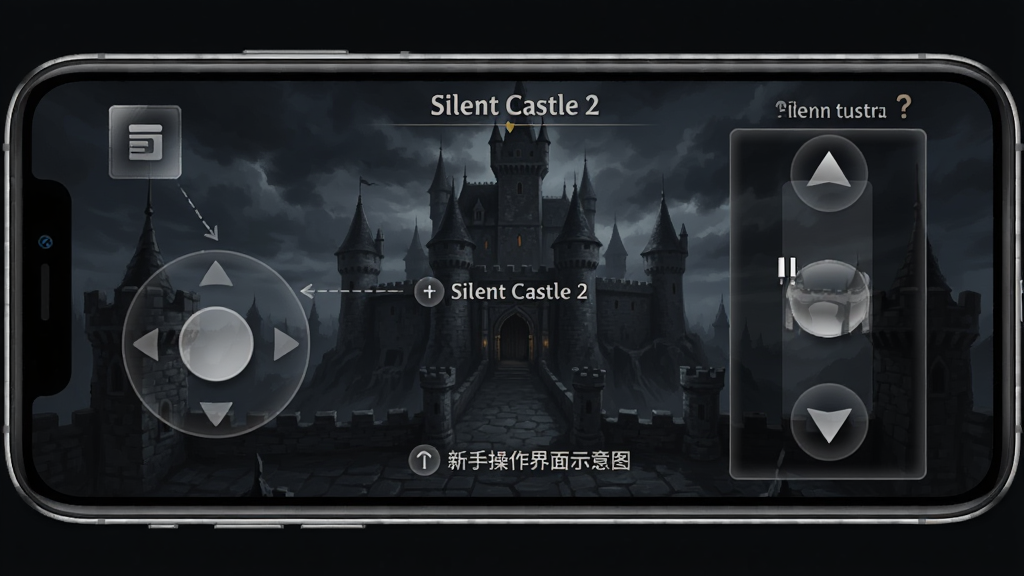 Silent Castle Ⅱ 新手操作界面示意图,主体为手机横屏显示游戏画面,布局为左侧虚拟摇杆右侧视角滑动区,排版清晰标注操作区域,风格为游戏UI写实,细节包括暗色城堡背景、半透明按钮、提示文字,画质高清,干净,无多余元素