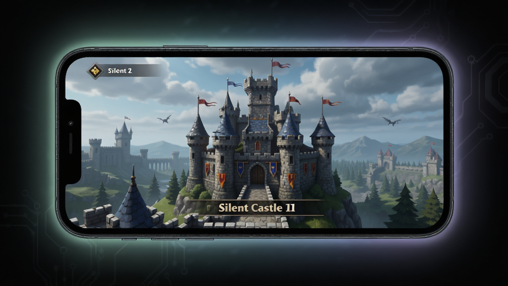 手机屏幕显示 Silent Castle Ⅱ 游戏运行画面,主体为一部智能手机,布局为手机居中,屏幕内展示城堡场景,排版简洁,风格为科技写实,细节包括手机周围有微弱光效、背景为深色,画质高清,干净,无多余元素