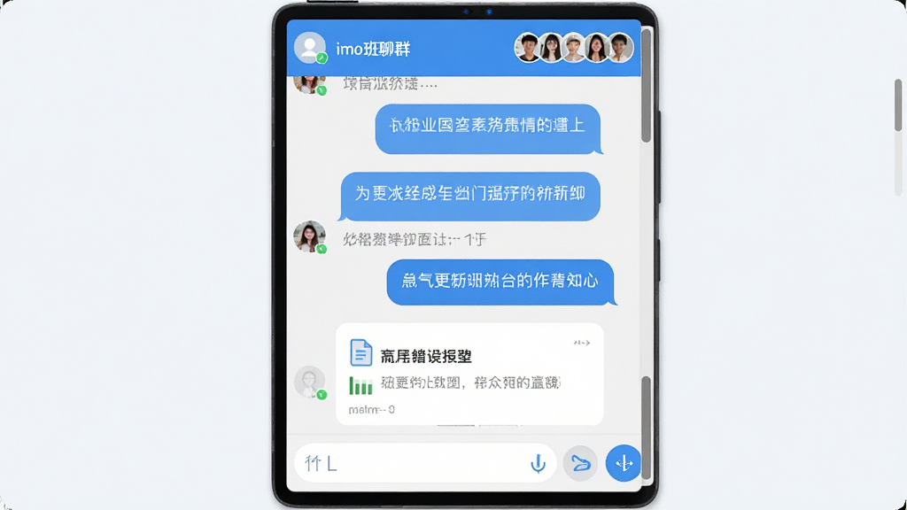 一张imo班聊群组聊天界面的展示图,画面中央是群聊对话窗口,显示多条消息气泡和文件传输卡片,顶部有群名称和成员头像,底部是输入框和发送按钮,整体风格清爽简洁,色调以蓝色和白色为主,画质清晰,无多余元素