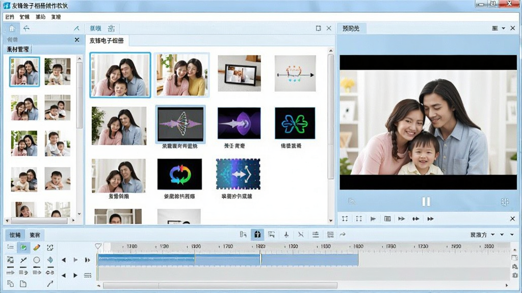 友锋电子相册制作软件主界面全景展示,画面中央是软件操作窗口,左侧为素材管理区,右侧为预览播放区,底部是时间轴和工具栏,界面风格简洁明快,色调以浅蓝和白色为主,窗口内展示着家庭照片缩略图和转场特效图标,整体布局清晰,风格写实,细节丰富,画质高清,干净,无多余元素