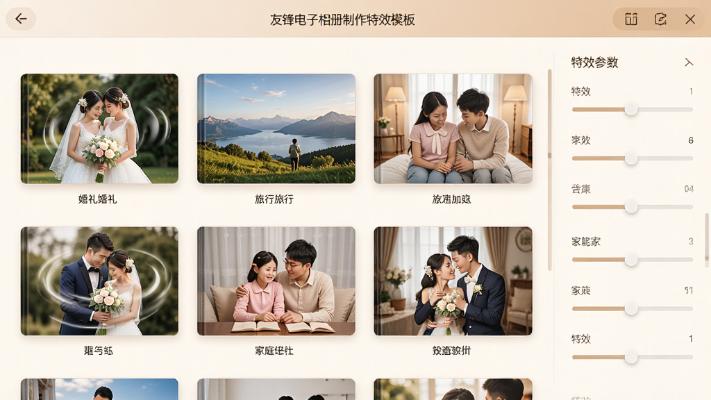 友锋电子相册制作特效模板选择界面,画面展示多个相册模板缩略图,包括婚礼、旅行、家庭等主题,每个模板都有动态预览效果,界面右侧是特效参数调节滑块,整体色调温暖柔和,风格精致,细节丰富,画质高清,干净,无多余元素