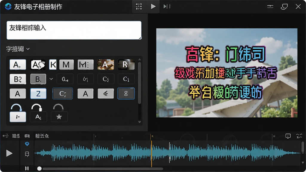 友锋电子相册制作字幕编辑面板,画面中显示文字输入框和字体样式选择器,右侧是照片预览区,照片上叠加着彩色字幕文字,背景音乐轨道在下方显示波形图,界面风格直观易用,细节丰富,画质高清,干净,无多余元素