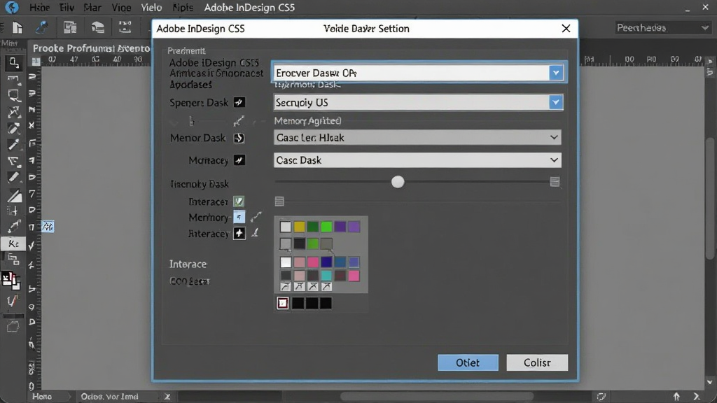 一张展示Adobe InDesign CS5首选项设置与暂存盘配置界面的图片,画面主体是软件中的首选项对话框,布局为对话框居中,排版为纵向表单排列,风格为专业软件界面截图,细节包括暂存盘下拉菜单、内存分配滑块、界面颜色选项与确定按钮,画质清晰、干净、无多余元素