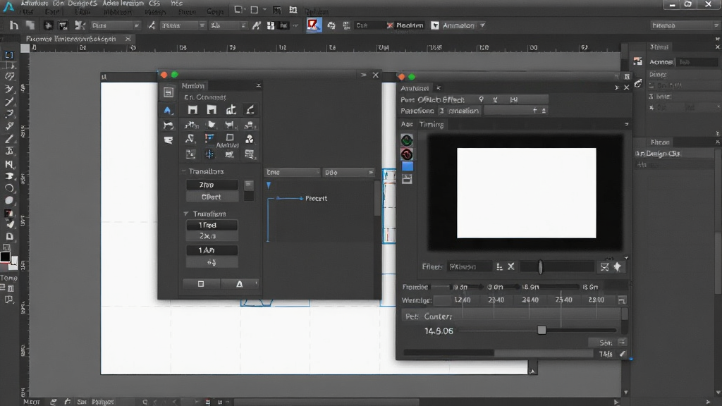 一张展示Adobe InDesign CS5交互式面板与动画设置界面的图片,画面主体是软件中的动画面板和计时面板,布局为浮动面板叠加在排版画布上方,排版为纵向层次构图,风格为专业软件界面截图,细节包括按钮图标、过渡效果选项、时间轴滑块与预览窗口,画质清晰、干净、无多余元素
