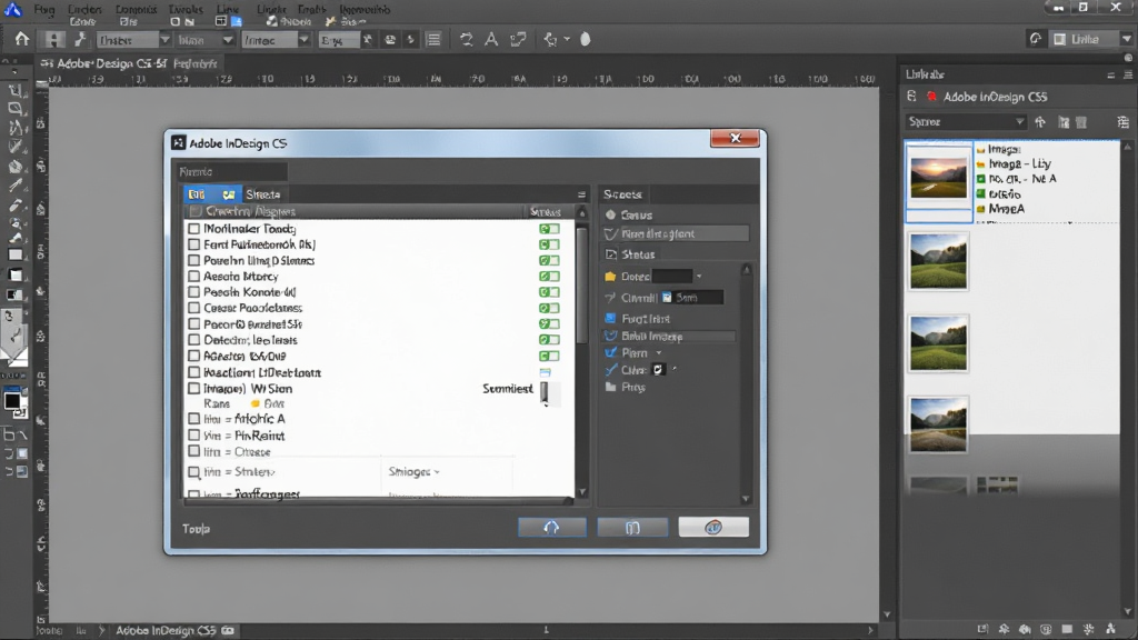 一张展示Adobe InDesign CS5预检面板与链接面板的图片,画面主体是软件中的预检对话框和链接面板,布局为对话框居中、面板靠右,排版为横向构图,风格为专业软件界面截图,细节包括检查项列表、状态图标、字体名称与图像缩略图,画质清晰、干净、无多余元素