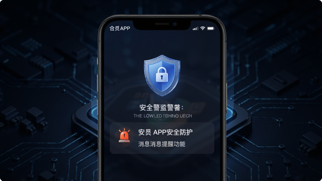 一张展示合觅APP安全防护与消息提醒功能的预览图,主体为手机屏幕显示安全警报通知,布局上手机居中,背景为深色科技风格,风格安全可靠,细节包含盾牌图标和警报提示,画质清晰,干净,无多余元素