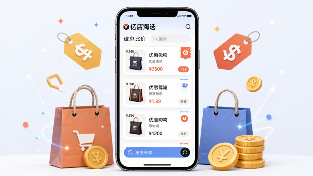 一款名为“亿店嗨选”的手机应用主界面展示,画面中央是手机屏幕,屏幕内呈现购物优惠券列表与比价信息,周围环绕购物袋、折扣标签、金币等元素,布局居中,排版清晰,风格为现代扁平化科技风,细节包括商品缩略图、价格标签和搜索框,画质高清,干净,无多余元素