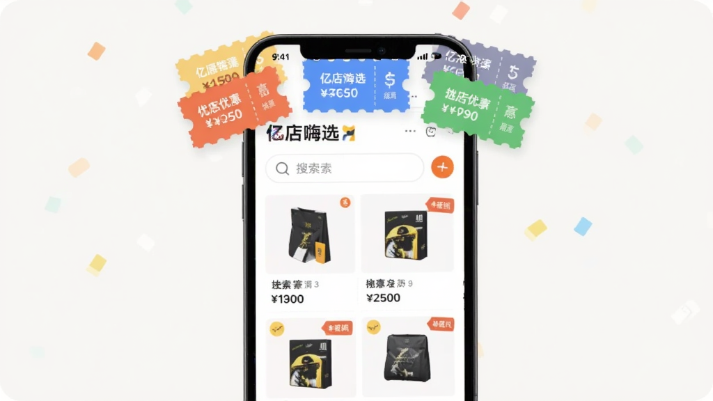 手机屏幕中显示“亿店嗨选”应用界面,画面中央是搜索框与商品列表,屏幕上方悬浮着多张不同颜色的优惠券图标,背景为简洁的浅色,布局为居中构图,风格为清新扁平化设计,细节包括商品图片、价格数字和折扣标签,画质清晰,干净,无多余元素