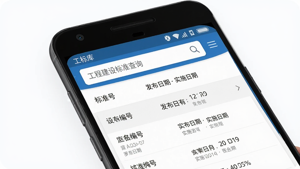 工标库手机应用界面展示,主体为一部安卓手机屏幕中显示工程建设标准查询界面,布局上方为搜索框下方为分类列表,排版简洁清晰,风格为现代科技商务风,细节包含标准编号、发布日期、实施日期等字段,画质高清干净无多余元素