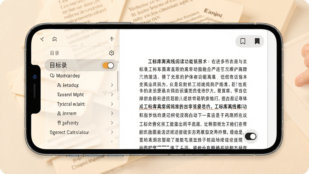 工标库离线阅读功能展示图,主体为手机屏幕中显示标准文档阅读界面,布局左侧为目录右侧为正文,排版清晰易读,风格为简约护眼暖色调,细节包含夜间模式切换按钮与书签图标,画质高清干净无多余元素