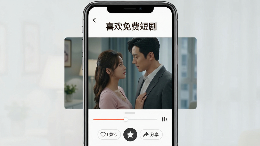 手机屏幕中显示短剧视频播放界面,画面中央是正在播放的都市甜宠短剧,底部有进度条和集数选择按钮,屏幕上方有