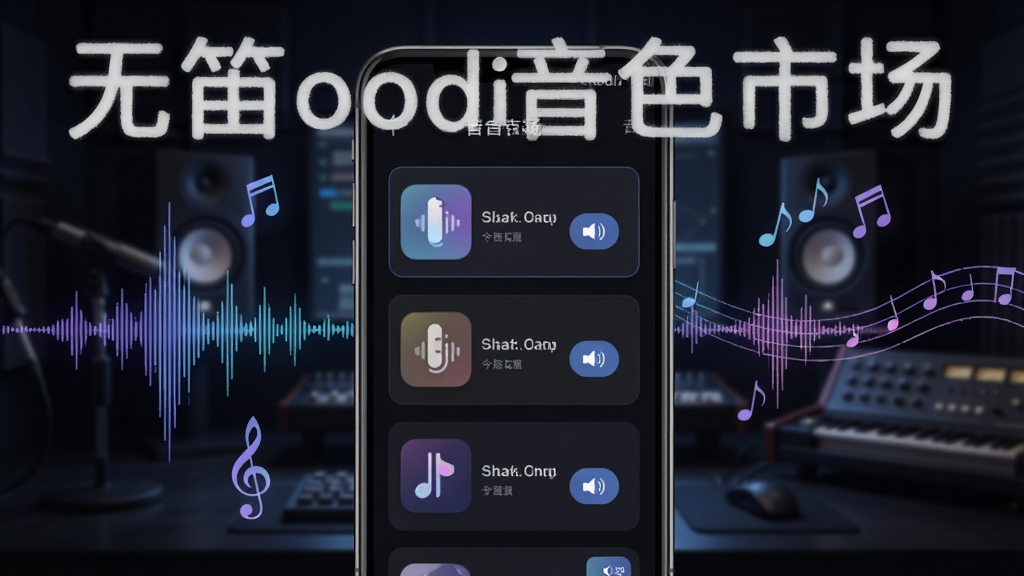 一张展示无笛oodi音色市场页面的图片,画面中手机屏幕显示音色列表,每个音色卡片配有图标和试听按钮,背景是深色系音乐工作室风格,周围有虚拟波形和音符飘动,风格科技感十足,画质清晰,图片中文字标注为“无笛oodi音色市场”