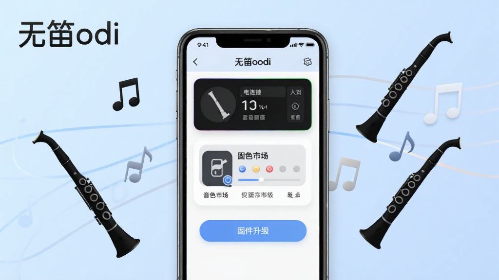 一张展示无笛oodi软件主界面的图片,画面中心是一部智能手机,屏幕上显示着无笛oodi应用界面,界面中包含电吹管设备连接状态、音色市场入口、固件升级按钮等模块,背景是柔和的浅蓝色渐变,手机周围漂浮着几个音符和电吹管剪影,整体风格简洁现代,画质清晰干净,无多余元素,图片中文字标注为“无笛oodi”