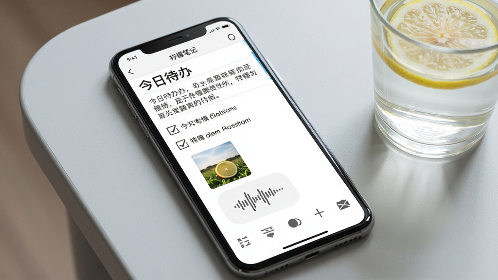 柠檬笔记应用内新建笔记的编辑界面截图风格图,手机屏幕中显示一条正在编辑的笔记,标题为
