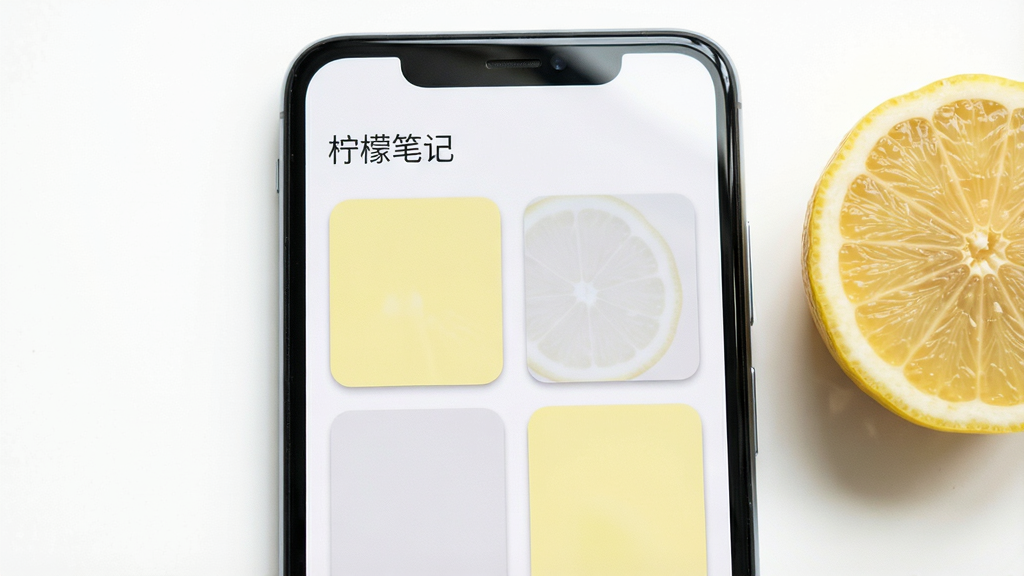 一部安卓手机正面展示柠檬笔记的极简主界面,背景为纯白色,手机屏幕中显示