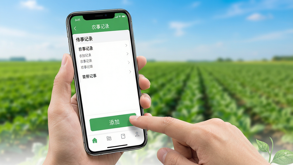 伟农App操作指南示意图,画面展示一只手拿着手机,手机屏幕显示农事记录界面,手指正在点击添加记录按钮,背景是绿色的农田和蓝天,风格写实明亮,细节清晰,画质高清,无多余元素