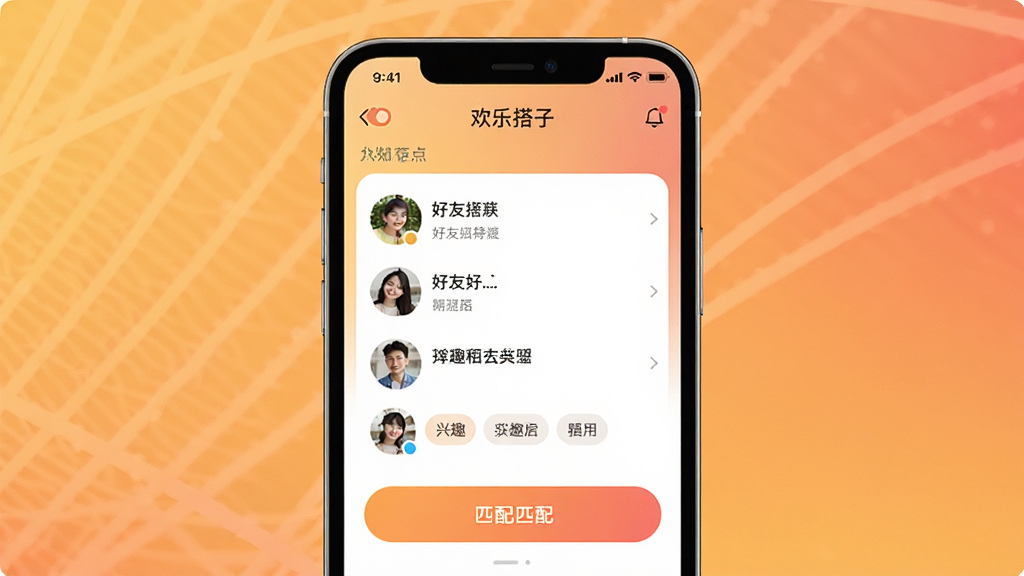 一张展示欢乐搭子手机应用界面的预览图,画面中央是一部竖屏智能手机,屏幕内显示欢乐搭子应用主界面,包含好友列表、兴趣标签、匹配按钮等元素,背景为明亮温馨的渐变色调,风格简洁现代,细节清晰,画质干净,无多余元素
